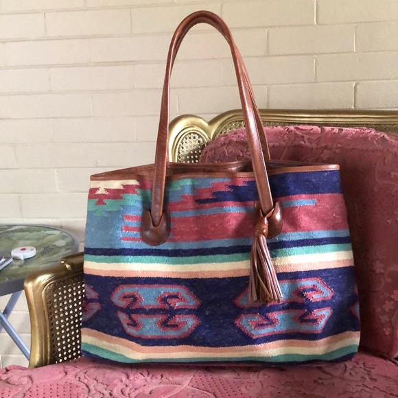 Saddle blanket Navajo Aztec textile bag leather tote weekender - Picture 3 of 8